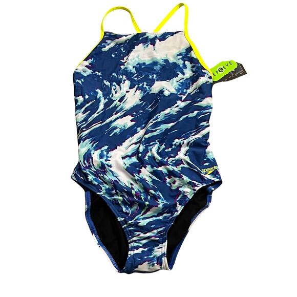 NWT Speedo One Piece Swimsuit Women’s 12 / 38 Blue White Endurance Crossback - Picture 1 of 5
